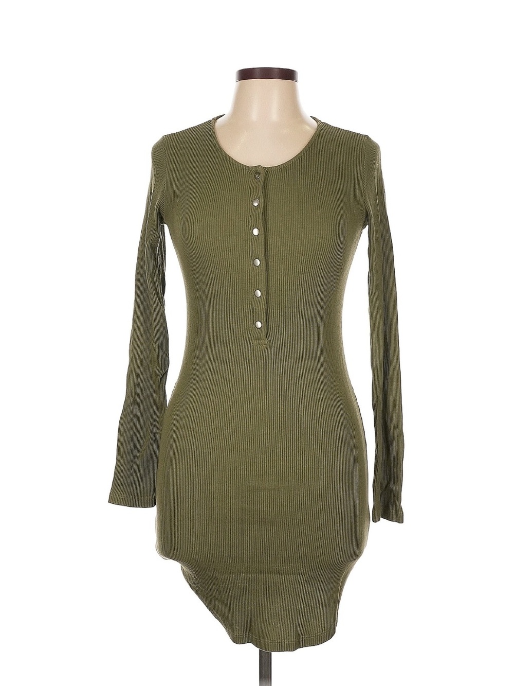 Monrow Olive Ribbed Henley Long Sleeve Dress